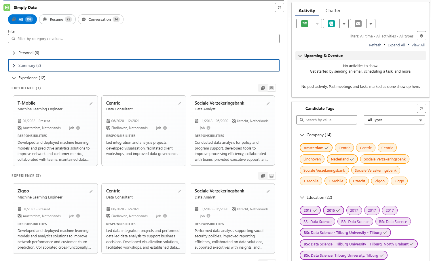 Candidate profile: Simply Data Viewer and Candidate Tags populated after CV parsing